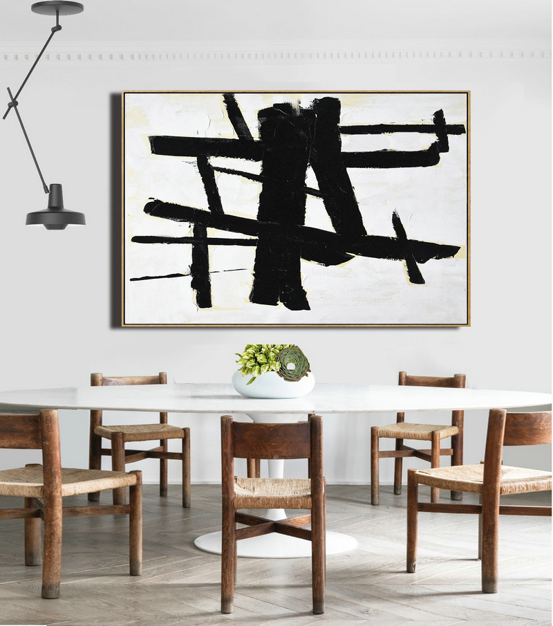 Large Colorful Wall Art,Horizontal Palette Knife Minimal Canvas Art Painting Black White Beige - Large Canvas Art,Modern Art Abstract Painting